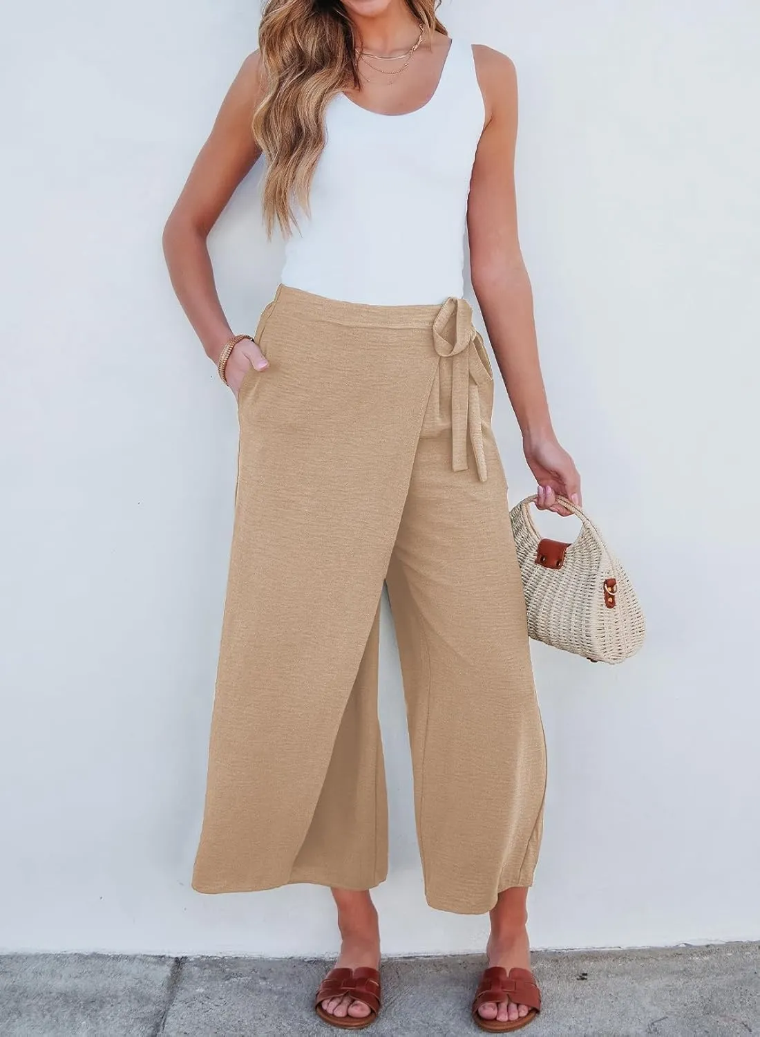 EVALESS Women's Wide Leg Palazzo Pants Work Casual Trousers Summer Elastic High Waisted Cute Side Tie Culottes with Pockets