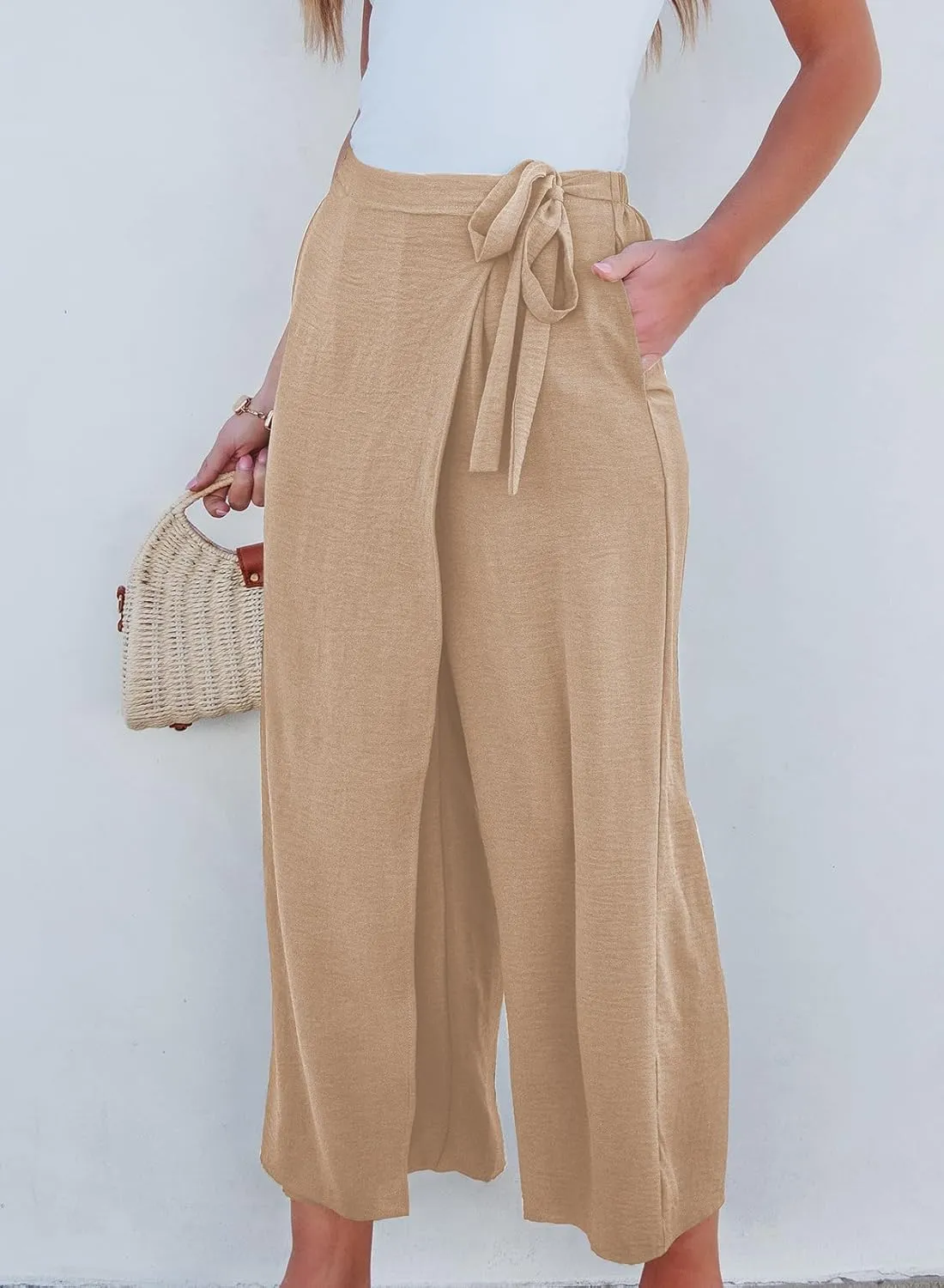 EVALESS Women's Wide Leg Palazzo Pants Work Casual Trousers Summer Elastic High Waisted Cute Side Tie Culottes with Pockets