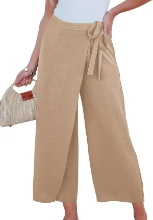 EVALESS Women's Wide Leg Palazzo Pants Work Casual Trousers Summer Elastic High Waisted Cute Side Tie Culottes with Pockets