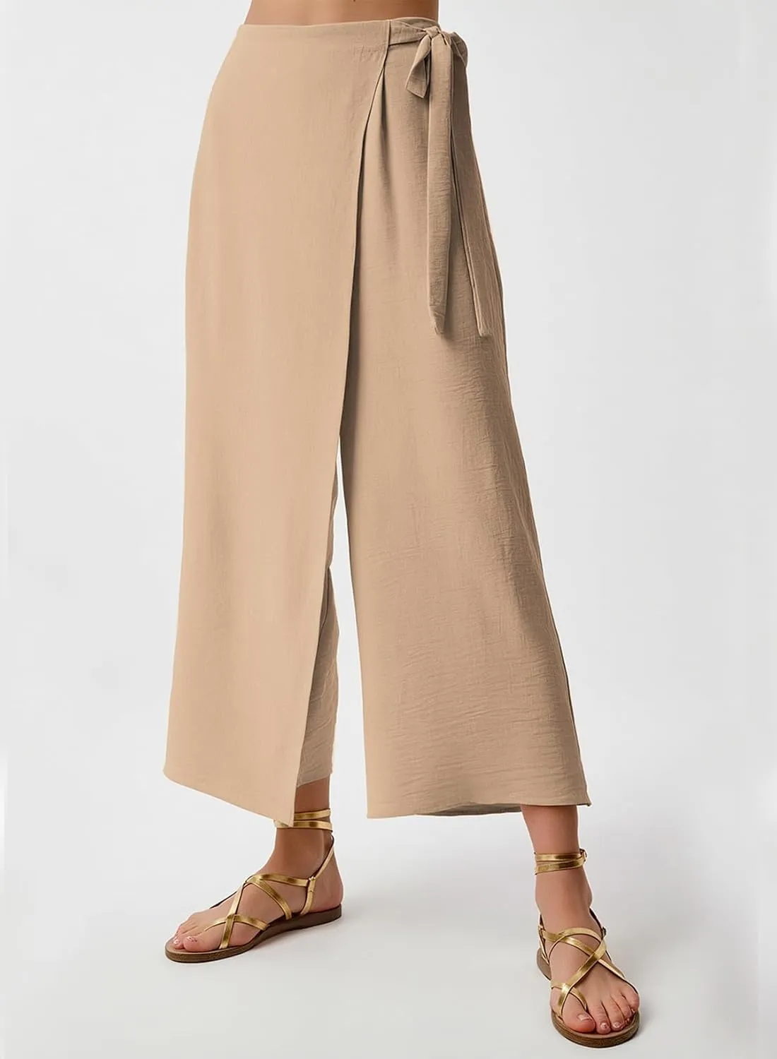 EVALESS Women's Wide Leg Palazzo Pants Work Casual Trousers Summer Elastic High Waisted Cute Side Tie Culottes with Pockets