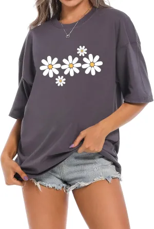 Faktuzi Daisy Shirts for Women Oversized T Shirts Flower Graphic Tees Vintage Floral Print Crewneck Cotton Short Sleeve Tops