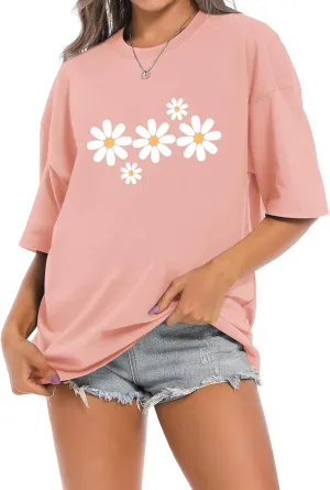 Faktuzi Daisy Shirts for Women Oversized T Shirts Flower Graphic Tees Vintage Floral Print Crewneck Cotton Short Sleeve Tops