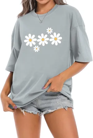 Faktuzi Daisy Shirts for Women Oversized T Shirts Flower Graphic Tees Vintage Floral Print Crewneck Cotton Short Sleeve Tops