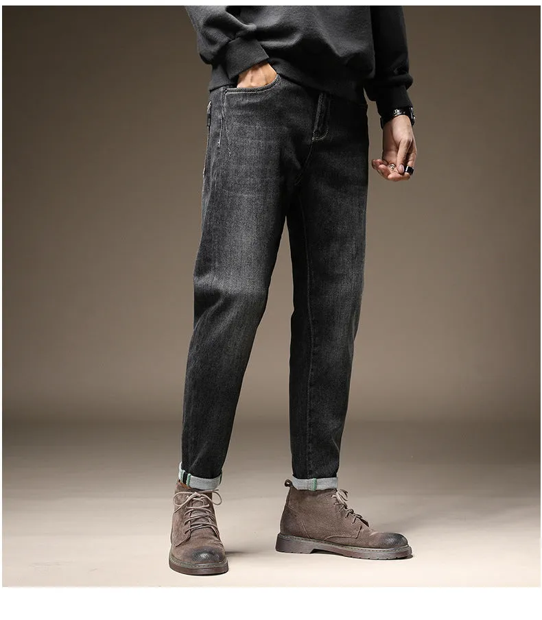 Fall and winter Black Slim-fit Men's Jeans with Small Feet