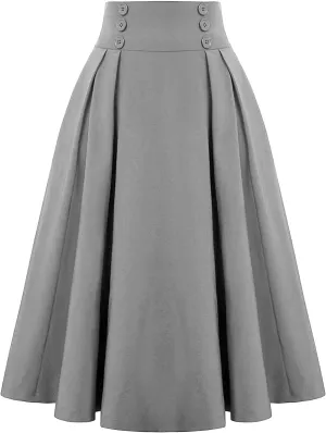 Fall Skirts for Women 2024 Pleated Wool Skirts Casual Button Elastic Waist A-Line Tartan Midi Skirts