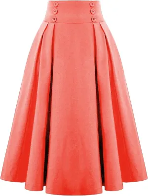 Fall Skirts for Women 2024 Pleated Wool Skirts Casual Button Elastic Waist A-Line Tartan Midi Skirts
