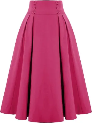 Fall Skirts for Women 2024 Pleated Wool Skirts Casual Button Elastic Waist A-Line Tartan Midi Skirts
