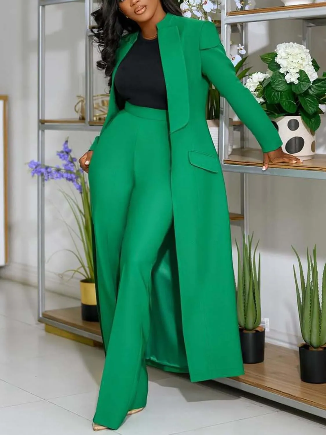 Famnbro Womens Suits 2 Piece Set Long Blazers Jacket Lapel and Straight Leg Pants Business Outfits