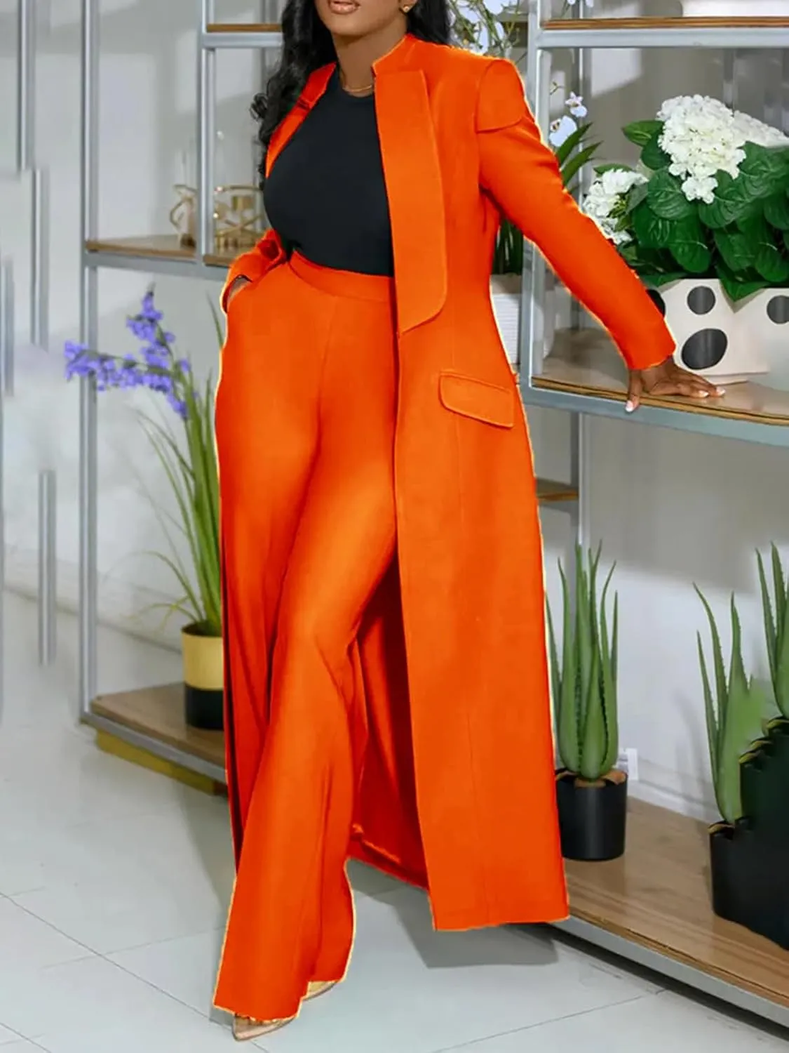 Famnbro Womens Suits 2 Piece Set Long Blazers Jacket Lapel and Straight Leg Pants Business Outfits