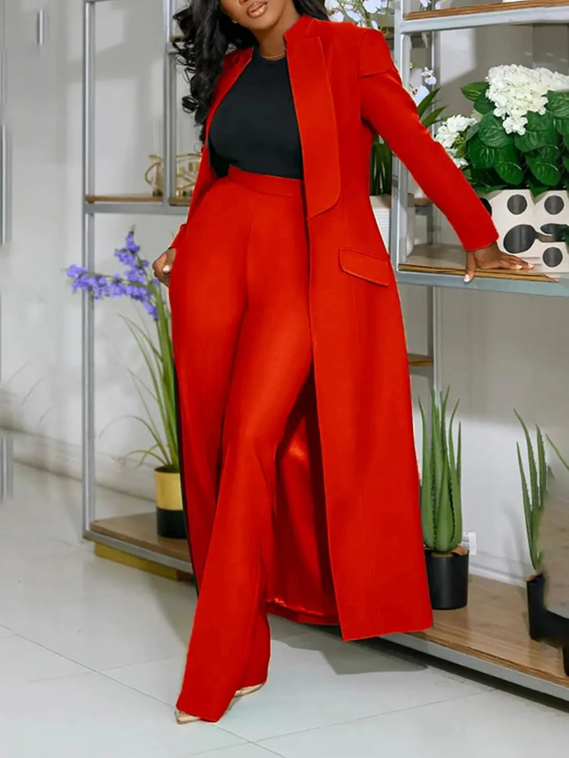 Famnbro Womens Suits 2 Piece Set Long Blazers Jacket Lapel and Straight Leg Pants Business Outfits