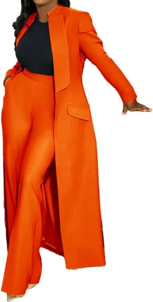 Famnbro Womens Suits 2 Piece Set Long Blazers Jacket Lapel and Straight Leg Pants Business Outfits
