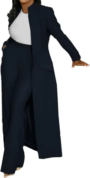 Famnbro Womens Suits 2 Piece Set Long Blazers Jacket Lapel and Straight Leg Pants Business Outfits