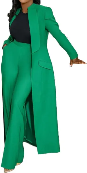 Famnbro Womens Suits 2 Piece Set Long Blazers Jacket Lapel and Straight Leg Pants Business Outfits