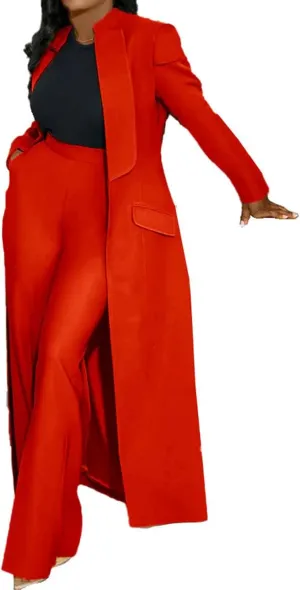 Famnbro Womens Suits 2 Piece Set Long Blazers Jacket Lapel and Straight Leg Pants Business Outfits