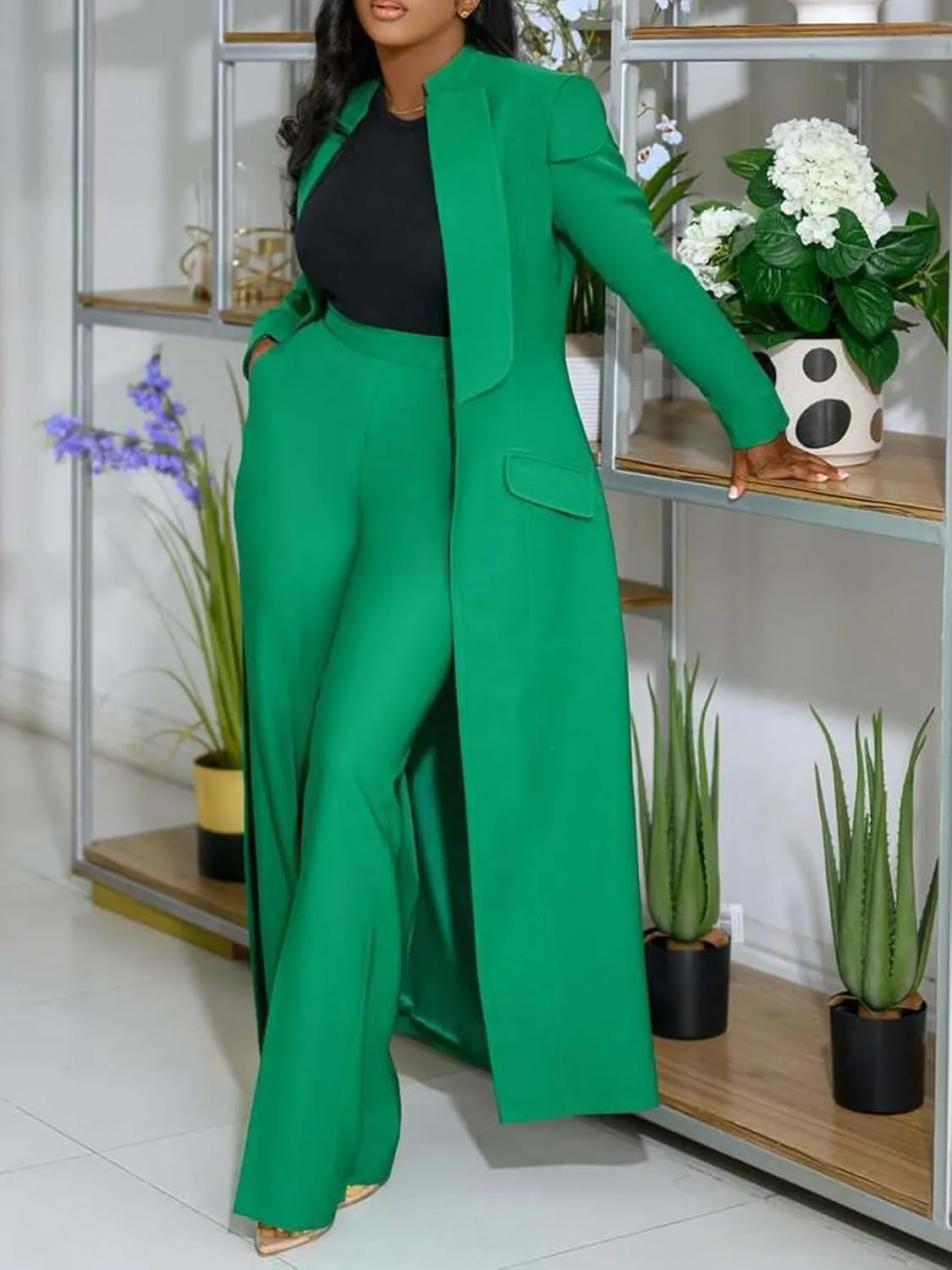 Famnbro Womens Suits 2 Piece Set Long Blazers Jacket Lapel and Straight Leg Pants Business Outfits