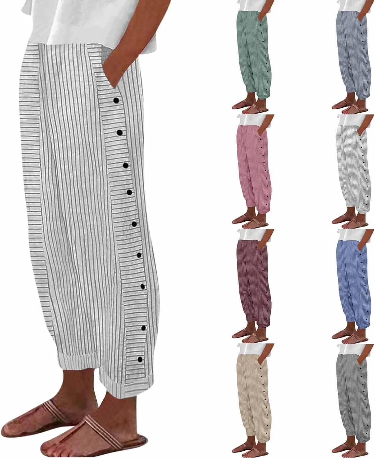 fanmpghleoo Striped Linen Pants Women Summer Elastic High Waisted Wide Leg Pinstripe Pants Casual Plus Size Beach Gauze Pants