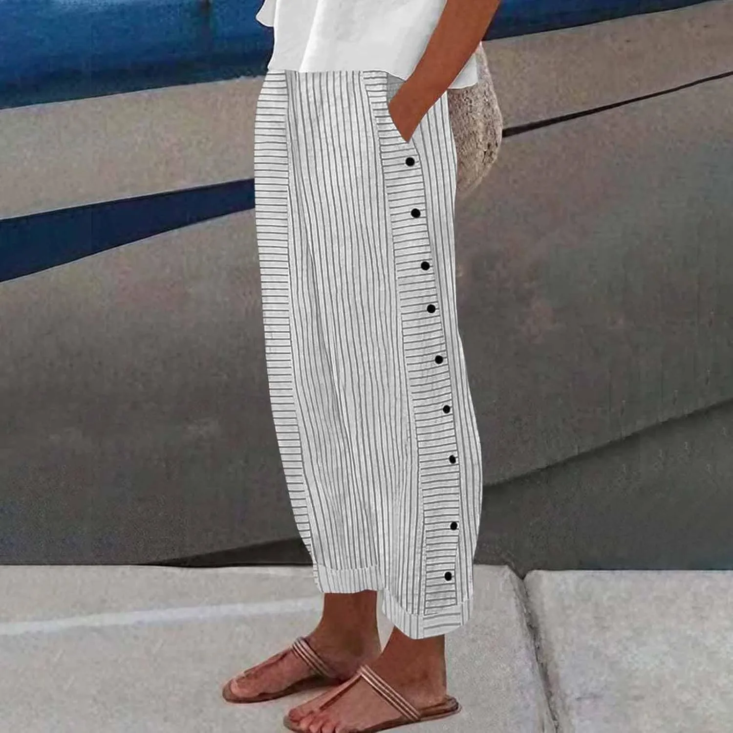 fanmpghleoo Striped Linen Pants Women Summer Elastic High Waisted Wide Leg Pinstripe Pants Casual Plus Size Beach Gauze Pants