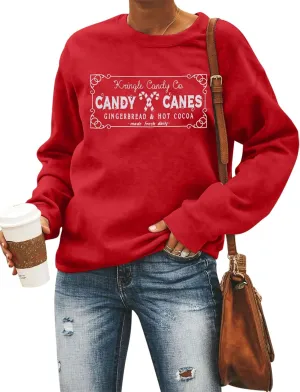 FASHGL Christmas Sweatshirts Women Candy Canes Graphic Sweatshirt Vintage Xmas Long Sleeve Shirt Pullover Tops