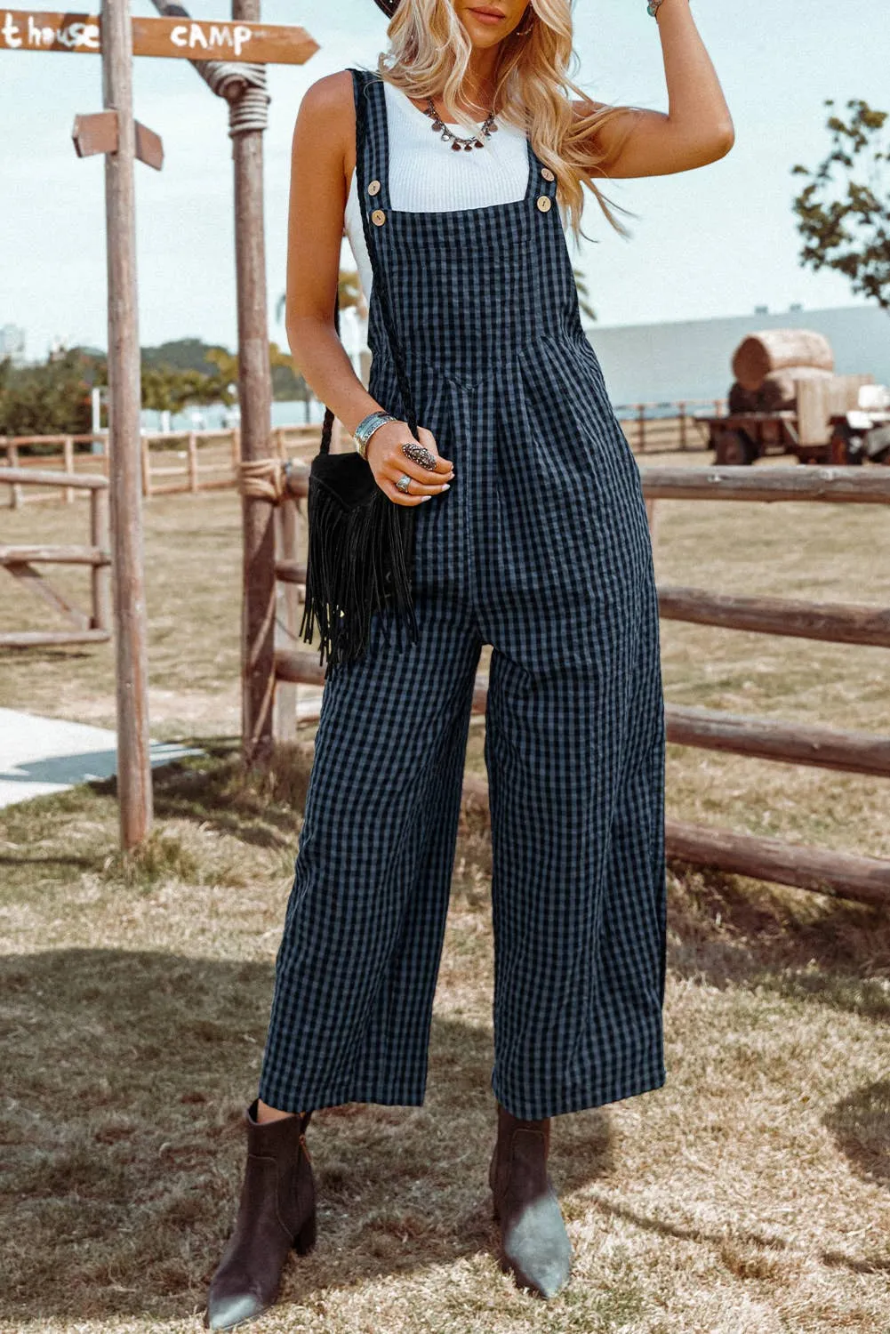 Fashion-W Plaid Print Buttoned Pocketed High Waist Overall