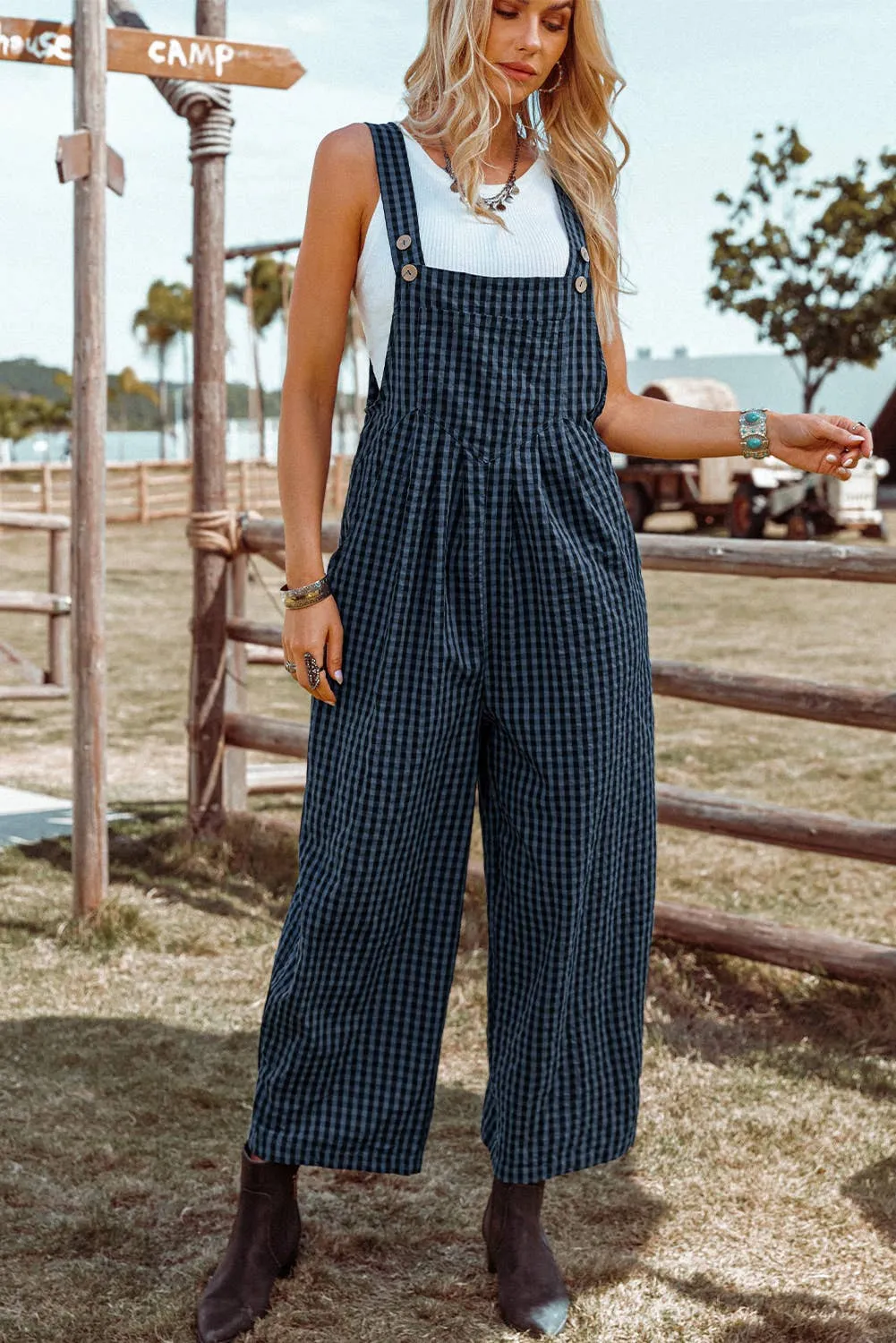 Fashion-W Plaid Print Buttoned Pocketed High Waist Overall