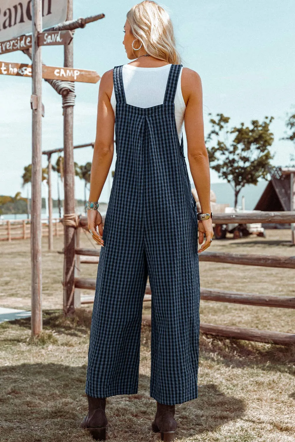 Fashion-W Plaid Print Buttoned Pocketed High Waist Overall