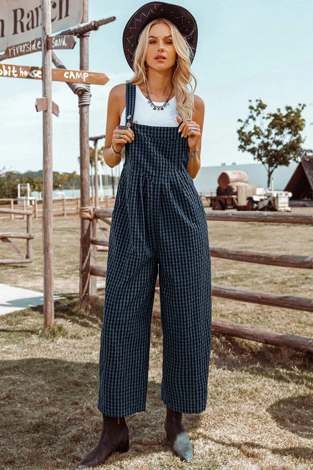 Fashion-W Plaid Print Buttoned Pocketed High Waist Overall