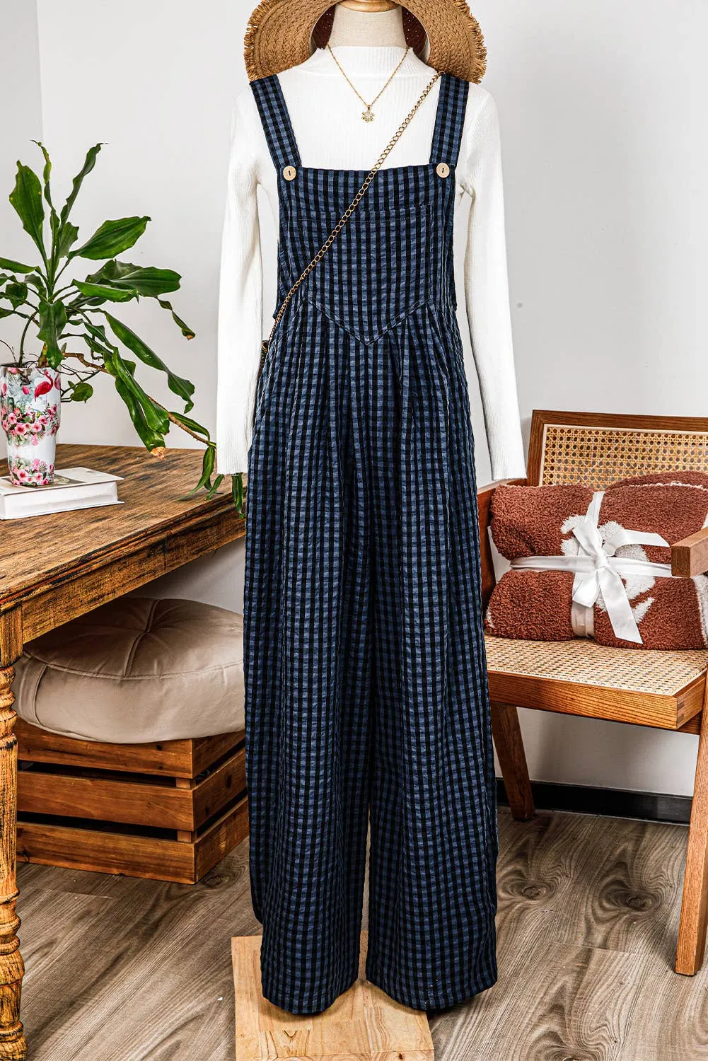 Fashion-W Plaid Print Buttoned Pocketed High Waist Overall