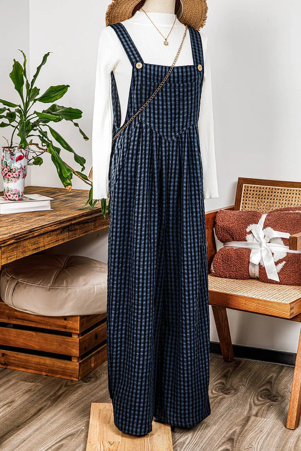 Fashion-W Plaid Print Buttoned Pocketed High Waist Overall