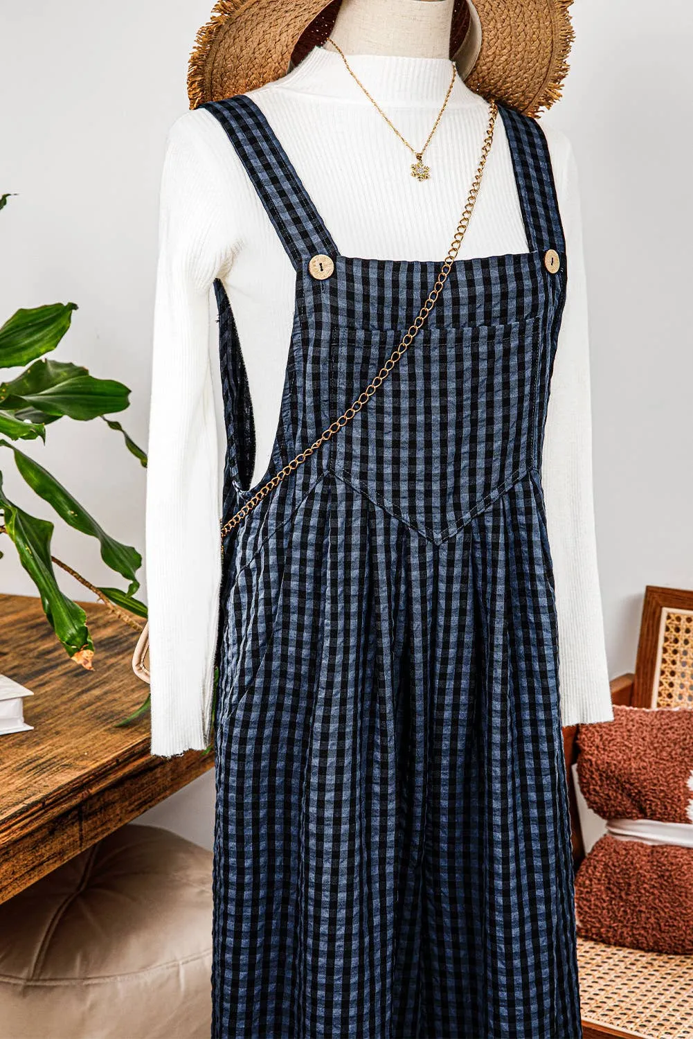 Fashion-W Plaid Print Buttoned Pocketed High Waist Overall