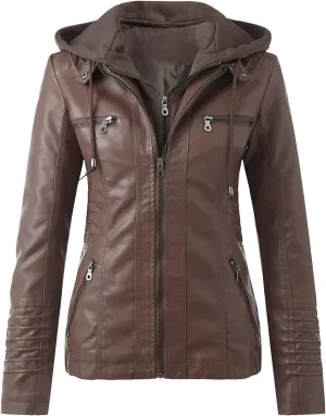 Faux Leather Jacket for Women Drawstring Zipper Pocket Long Sleeve Detachable Hood Slim Fit Motorcycle Biker Coat Top