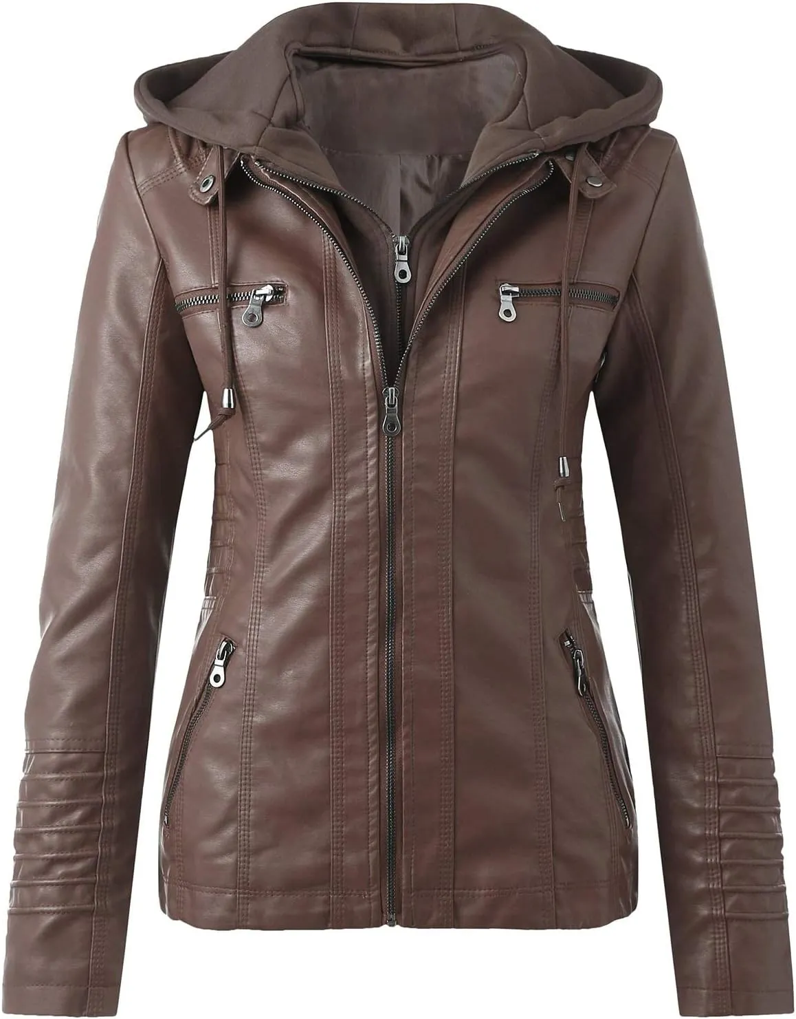 Faux Leather Jacket for Women Drawstring Zipper Pocket Long Sleeve Detachable Hood Slim Fit Motorcycle Biker Coat Top
