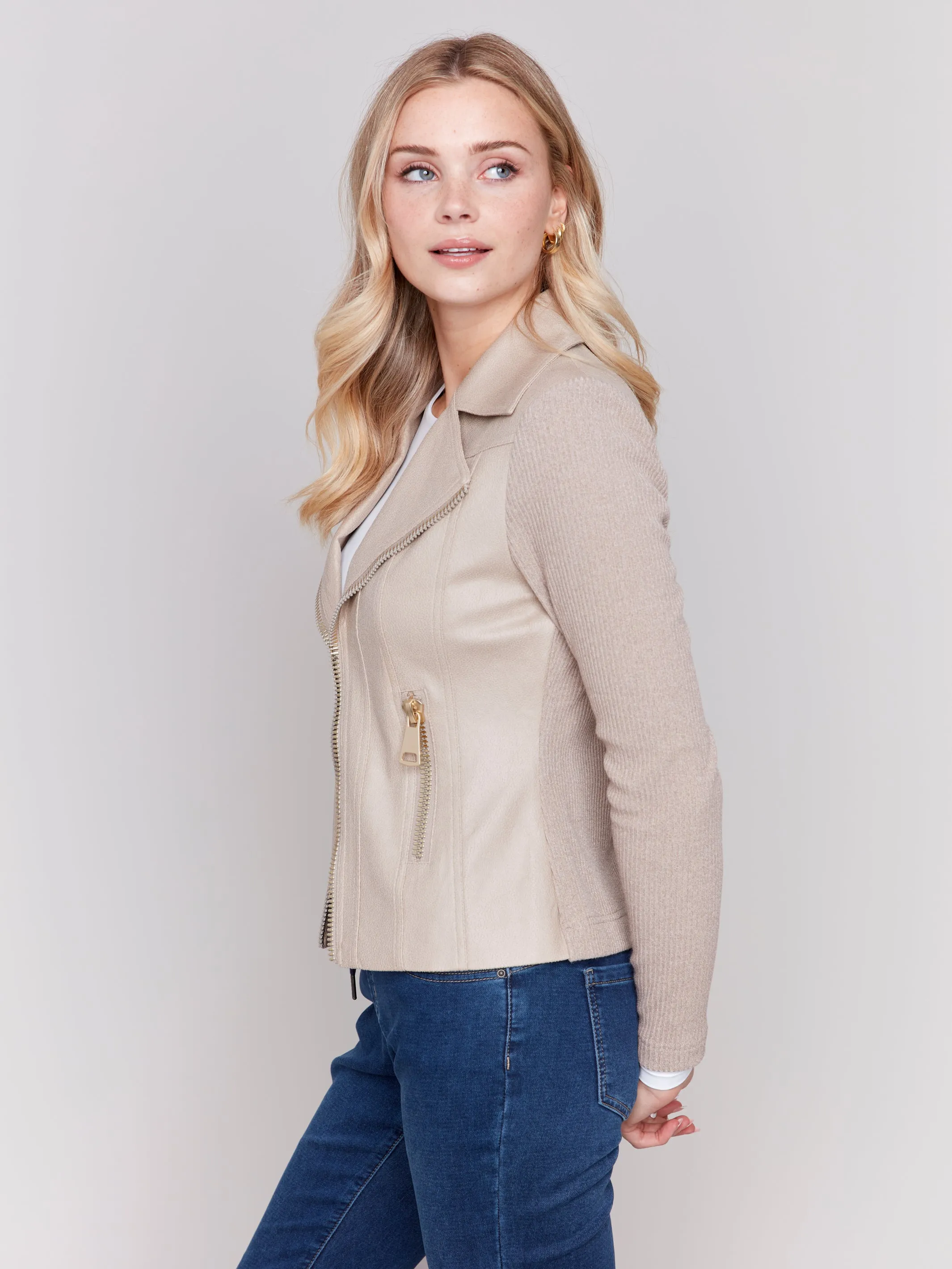 Faux Leather Jacket w/ Sweater Sleeves - HQ