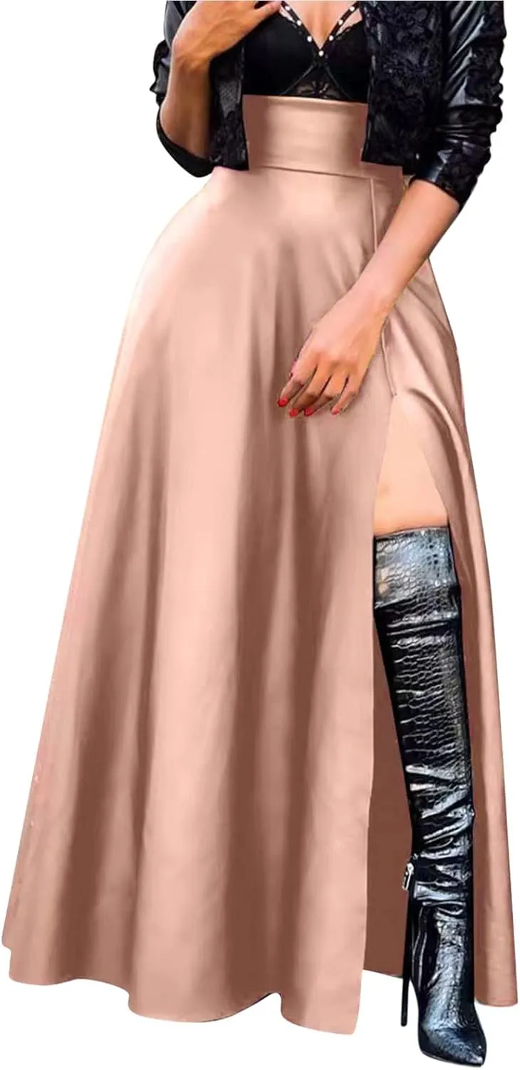 Faux Leather Skirts Women's High Waist Split A-Line Maxi Skirts Pocket Zipper Solid Casual Long Swing Skirt
