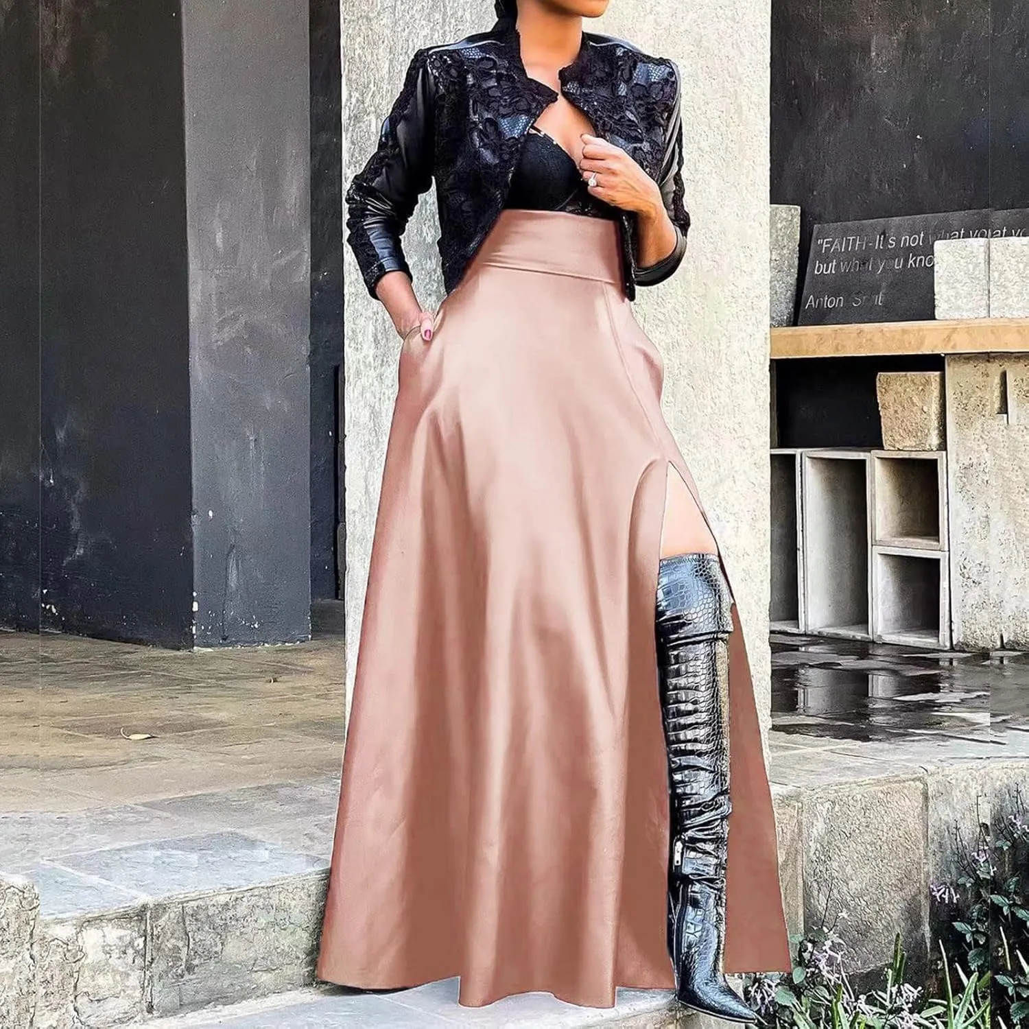 Faux Leather Skirts Women's High Waist Split A-Line Maxi Skirts Pocket Zipper Solid Casual Long Swing Skirt