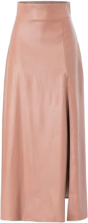Faux Leather Skirts Women's High Waist Split A-Line Maxi Skirts Pocket Zipper Solid Casual Long Swing Skirt
