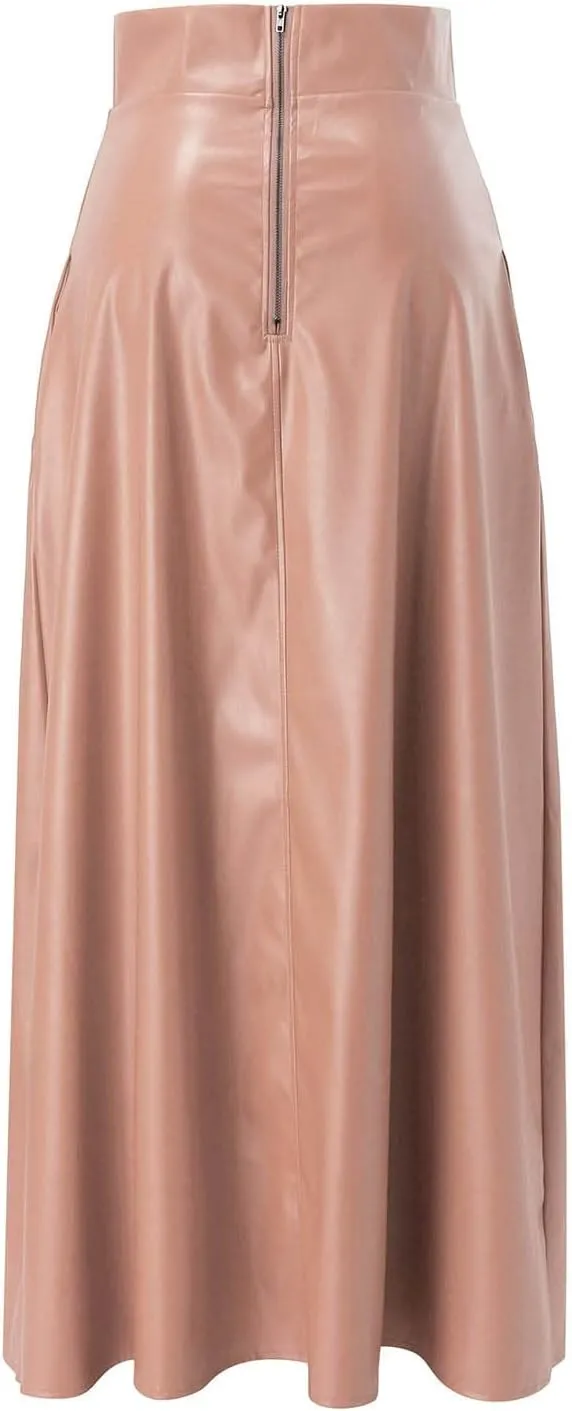 Faux Leather Skirts Women's High Waist Split A-Line Maxi Skirts Pocket Zipper Solid Casual Long Swing Skirt