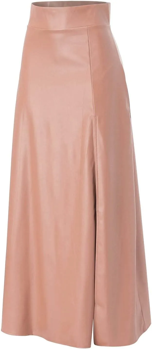 Faux Leather Skirts Women's High Waist Split A-Line Maxi Skirts Pocket Zipper Solid Casual Long Swing Skirt