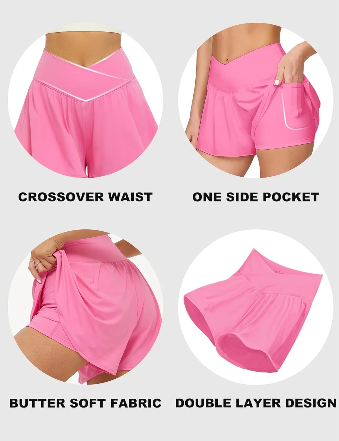 FireSwan Crossover Athletic Shorts for Women 2 in 1 Flowy Running Shorts with Pockets Spandex Butterfly Workout Tennis Skorts