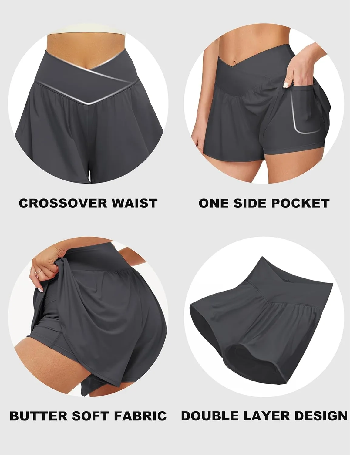 FireSwan Crossover Athletic Shorts for Women 2 in 1 Flowy Running Shorts with Pockets Spandex Butterfly Workout Tennis Skorts