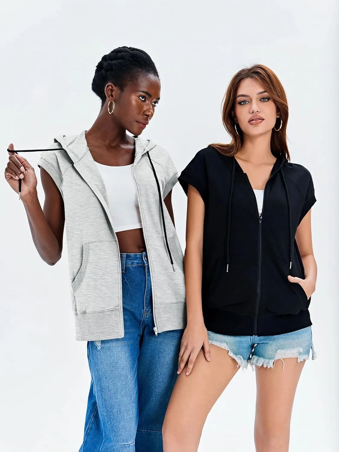 Fisoew Women's Sleeveless Zip Up Hoodies Casual Loose Fit Drawstring Sweatshirts Lightweight Jackets Vest with Pockets