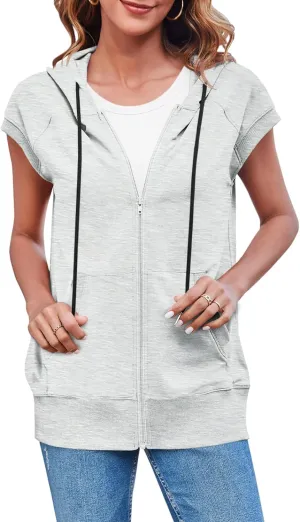 Fisoew Women's Sleeveless Zip Up Hoodies Casual Loose Fit Drawstring Sweatshirts Lightweight Jackets Vest with Pockets