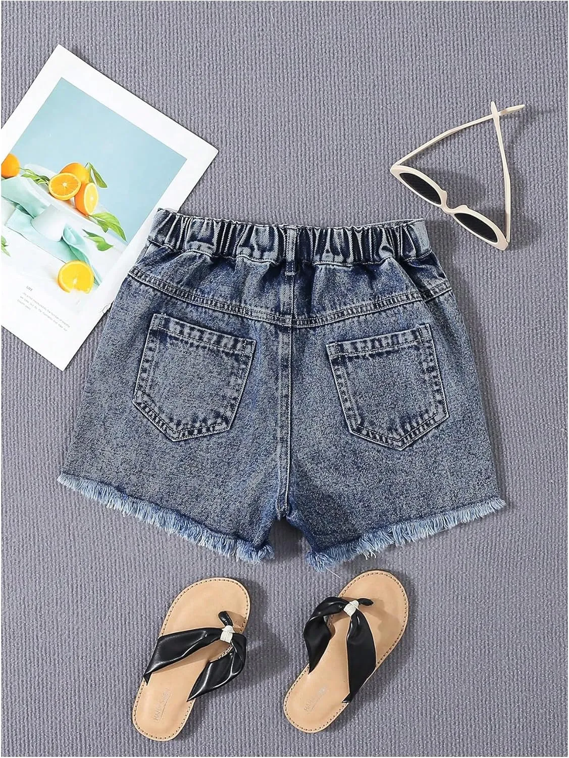 Floerns Girl's Ripped Raw Hem Elastic Waist Straight Leg Denim Shorts with Pockets