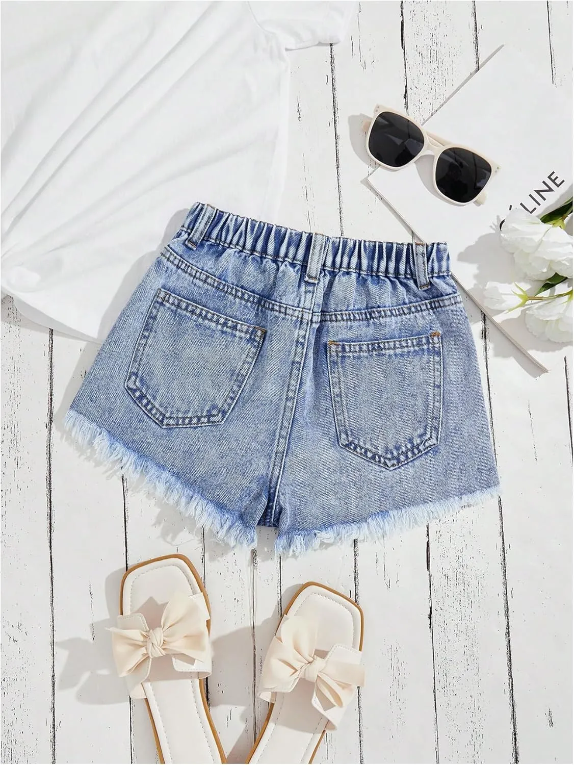 Floerns Girl's Ripped Raw Hem Elastic Waist Straight Leg Denim Shorts with Pockets