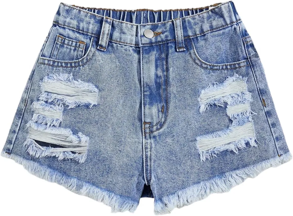 Floerns Girl's Ripped Raw Hem Elastic Waist Straight Leg Denim Shorts with Pockets