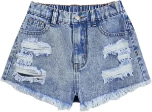 Floerns Girl's Ripped Raw Hem Elastic Waist Straight Leg Denim Shorts with Pockets