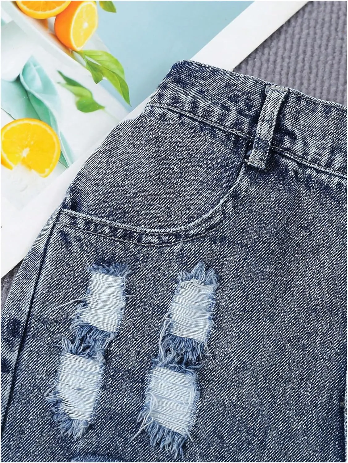 Floerns Girl's Ripped Raw Hem Elastic Waist Straight Leg Denim Shorts with Pockets