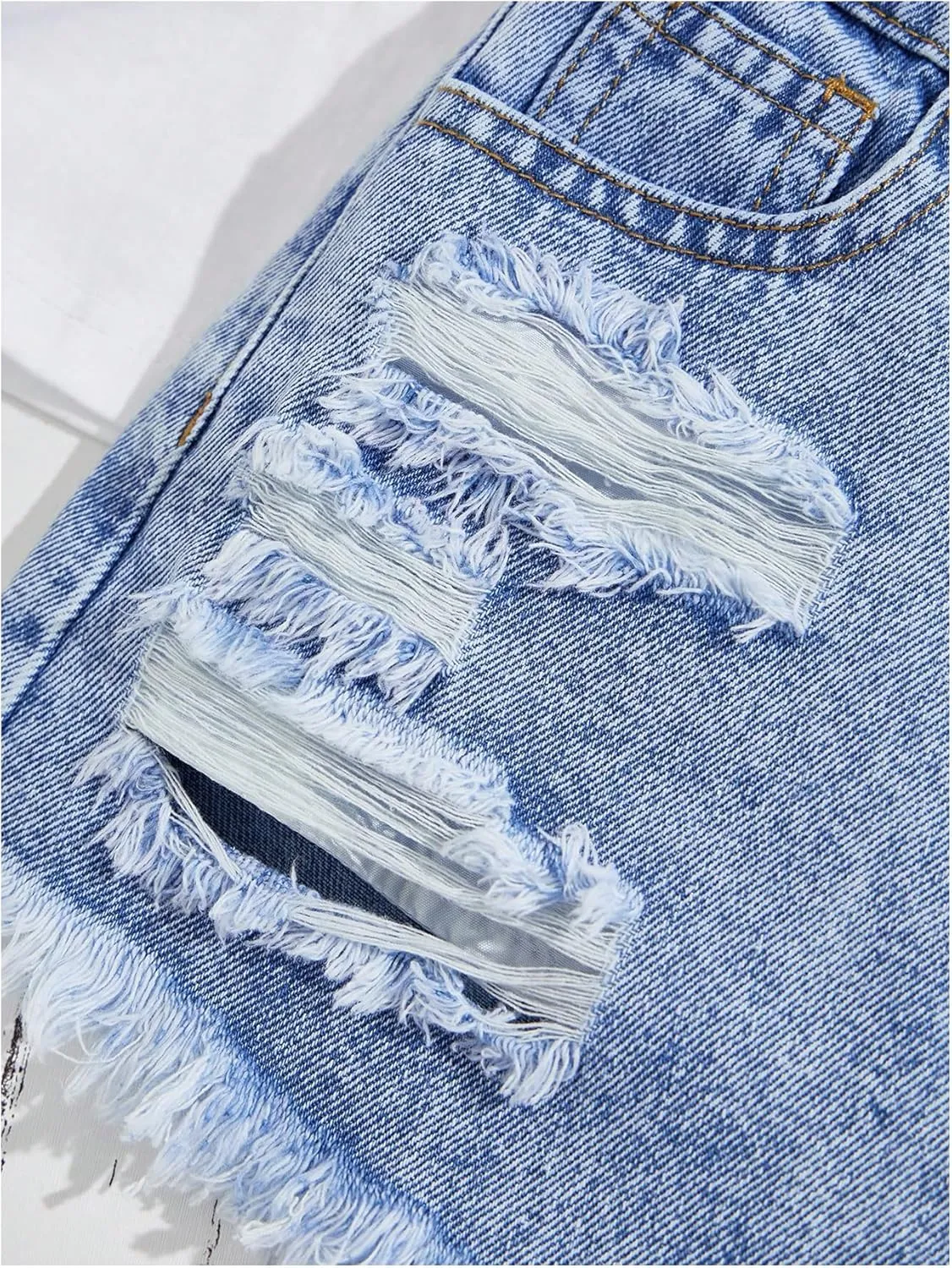 Floerns Girl's Ripped Raw Hem Elastic Waist Straight Leg Denim Shorts with Pockets