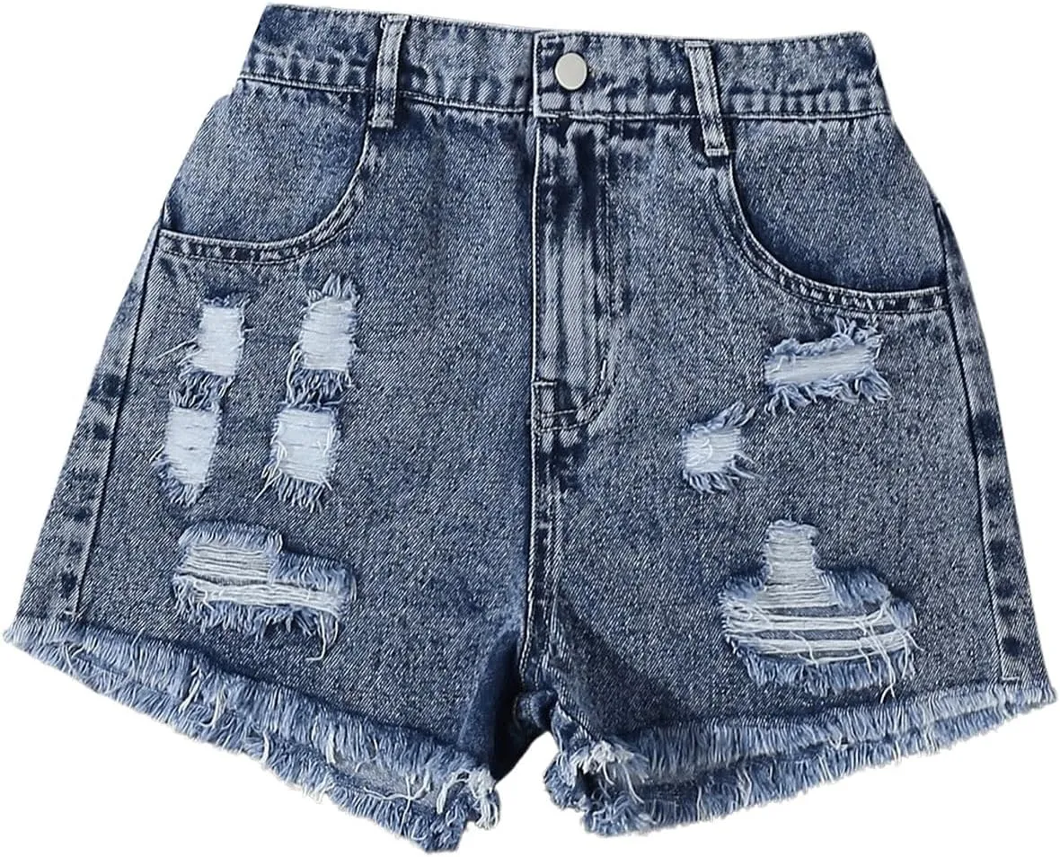 Floerns Girl's Ripped Raw Hem Elastic Waist Straight Leg Denim Shorts with Pockets