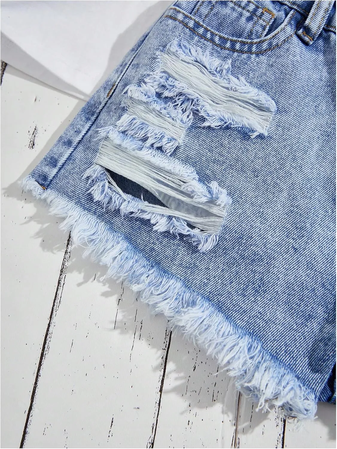 Floerns Girl's Ripped Raw Hem Elastic Waist Straight Leg Denim Shorts with Pockets