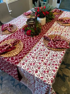 Floral block print cotton tablecloth, 60x108, Dining room decor, Housewarming gift, Wedding gift, Party decor, New home gift